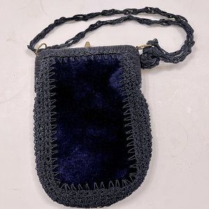 Vintage 1970s Blue Velvet Purse Handbag Crocheted‎ Corde Trim Made In Italy